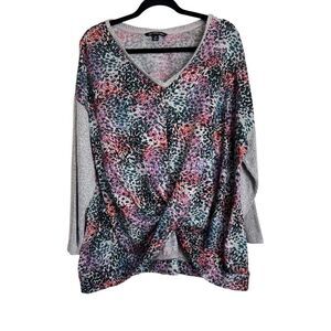 Zac & Rachel Sweater Womens Size 2X Multicolor Twist Front V-Neck Knit Abstract